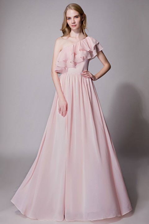 Asymmetrical One-Shoulder Flounce Chiffon Bridesmaid Dress Long