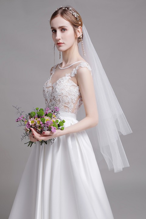 Illusion Neck & Back Lace Bodice Satin Skirt Wedding Dress with Train