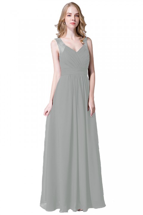 V Neck Illusion Lace Straps Keyhole Back Chiffon Ruched Bridesmaid Dress