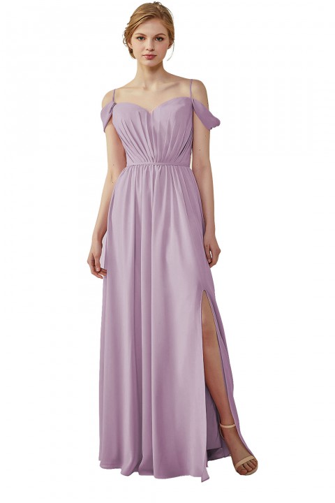 A-Line Cold Shoulder Spaghetti Straps Chiffon Bridesmaid Dress with Side Slit