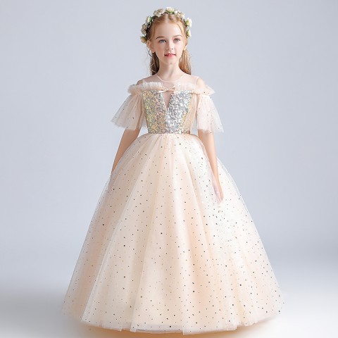 Champagne Illusion Round Neck Sleeveless Sequins Decor Tulle Skirt Girls Pageant Dresses