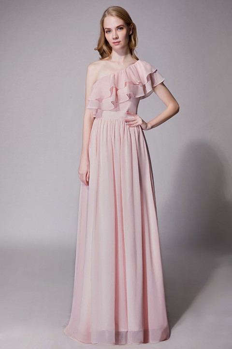 Asymmetrical One-Shoulder Flounce Chiffon Bridesmaid Dress Long