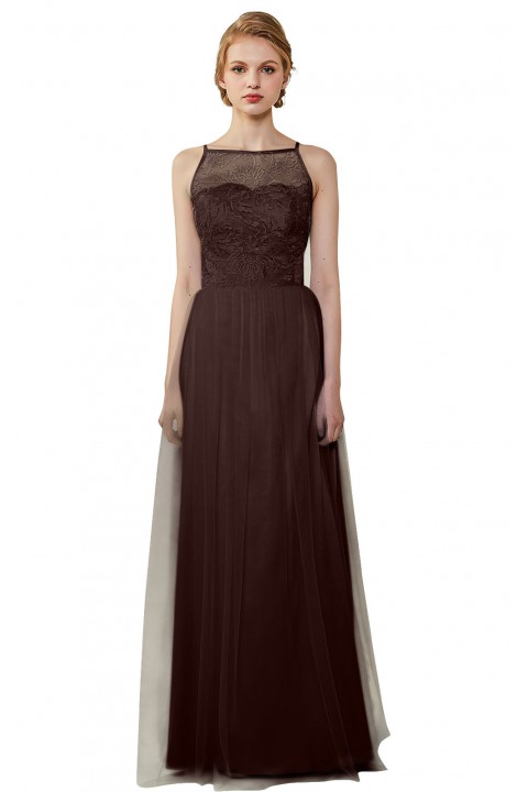 Tulle Lace Illusion Boatneck and Back Bridesmaid Dress with Keyhole 