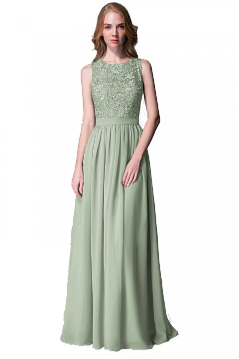 Lace Upper Bodice Illusion Scoop Neck Chiffon Bridesmaid Dress Sleeveless