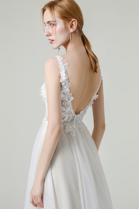 V Neck Deep V Back Lace Applique Tulle Wedding Dress