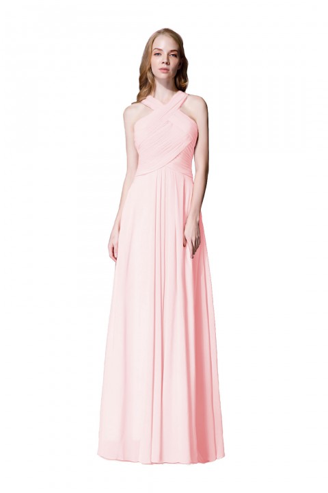 Chic Criss-cross Halter Pleated Chiffon Bridesmaid Dress Long