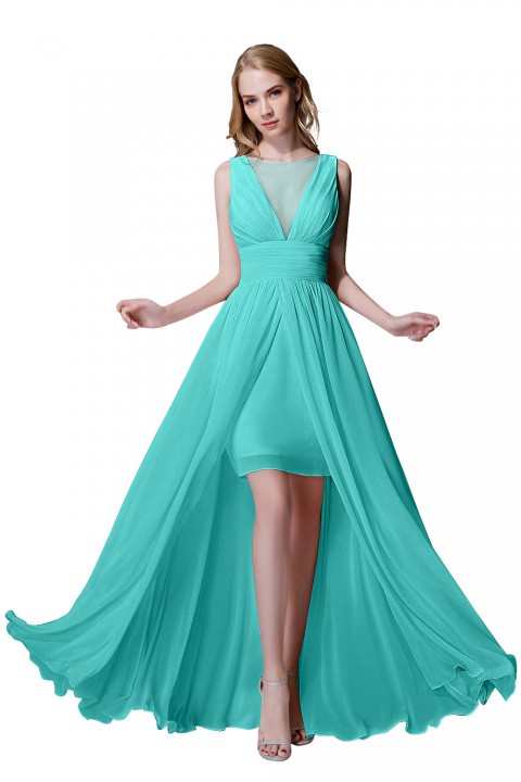 Plunging Illusion Tulle Scoop Neck High Slit Chiffon Bridesmaid Dress