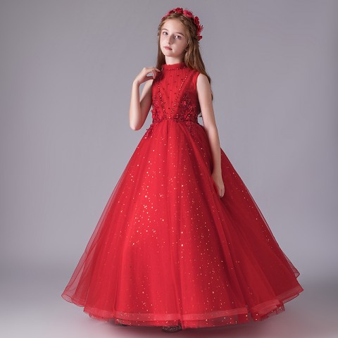 Red High Collar Sleeveless Beaded Decor Shiny Sequin Tulle Skirt Girls Pageant Dress