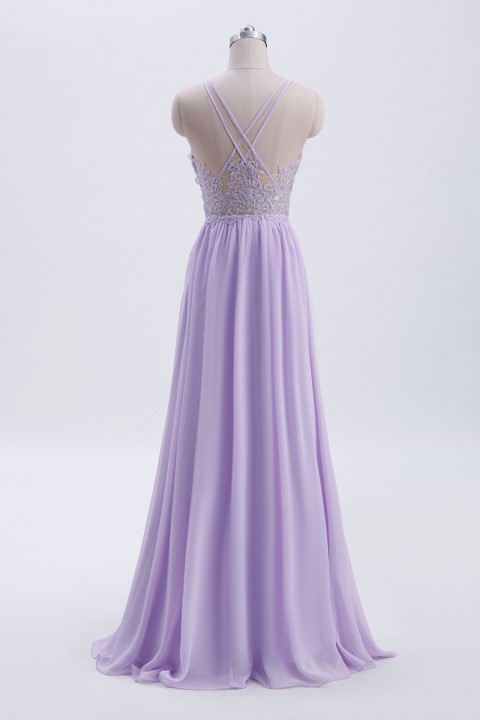 Spaghetti Straps Pleated Chiffon Bridesmaid Dress with Lace Open Back