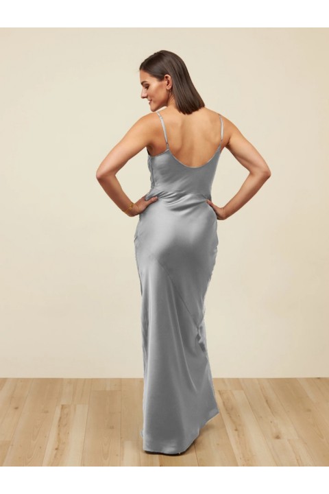 Silver Spaghetti Strap High Waist Luxe Satin Bridesmaid Dress