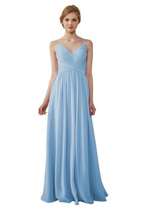 Spaghetti Straps Pleated Low V Back Bridesmaid Dress