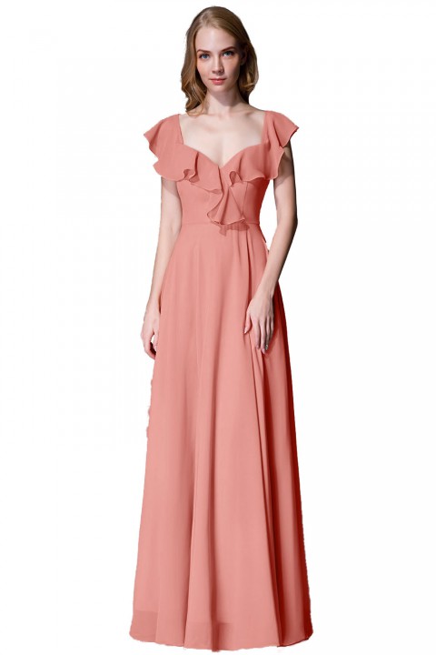 V Neck Cascading Ruffles Sleeve Bow Back Bridesmaid Dress 