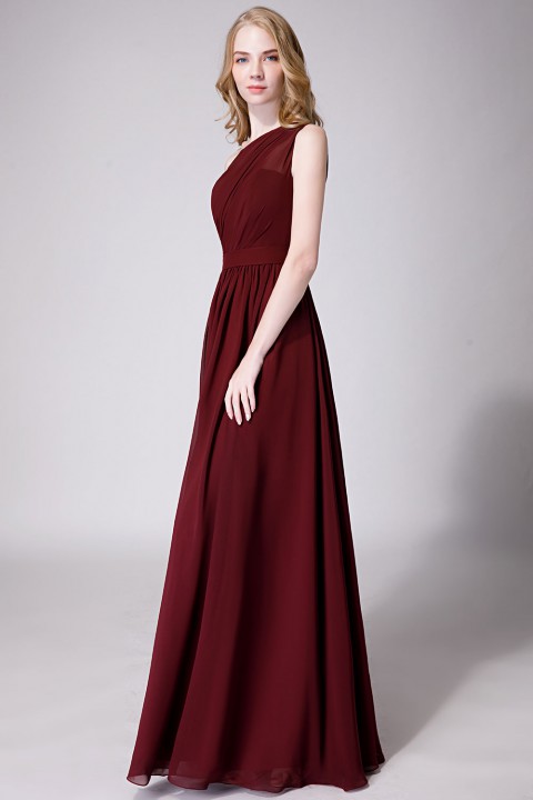 Illusion One-Shoulder Chiffon Pleated Bridesmaid Dress Long