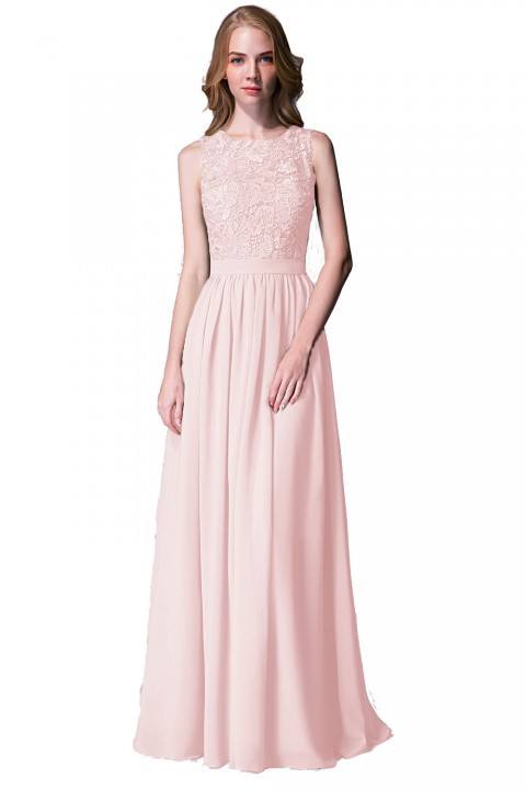 Lace Upper Bodice Illusion Scoop Neck Chiffon Bridesmaid Dress Sleeveless