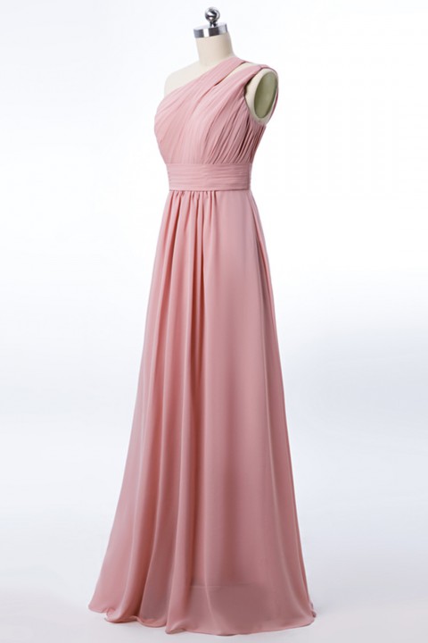 One Shoulder with Double-Straps Detail Pleated Bodice Floor Length Chiffon Bridesmaid Dress