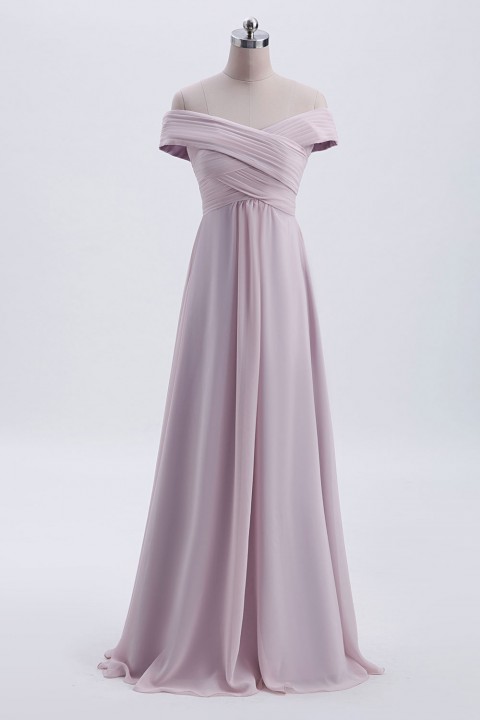 Crisscross Off-the-Shoulder Pleated V-back Bridesmaid Dress Long