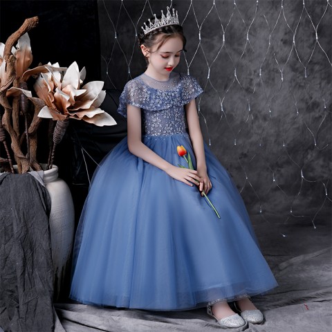 Azure Blue Round Neck Sleeveless Princess Tulle Skirt Flower Girl Dresses