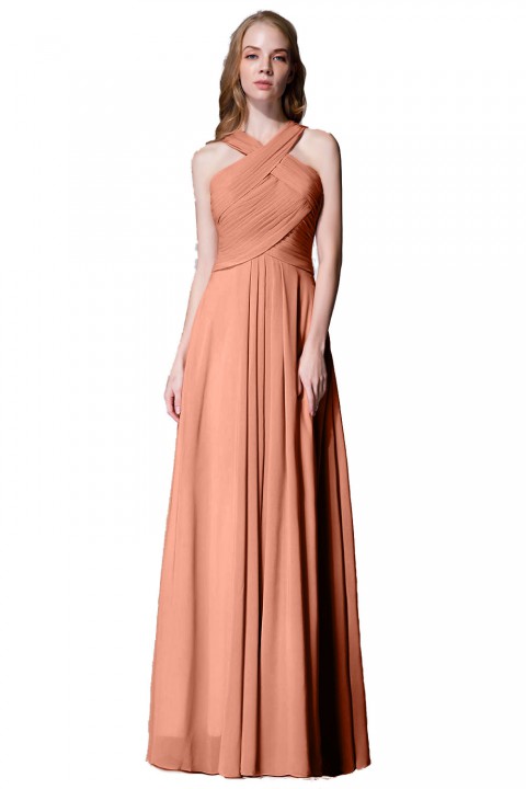 Chic Criss-cross Halter Pleated Chiffon Bridesmaid Dress Long