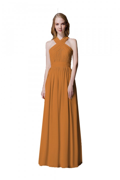 Criss-cross Halter Pleated Chiffon Bridesmaid Dress with Cross-straps Back