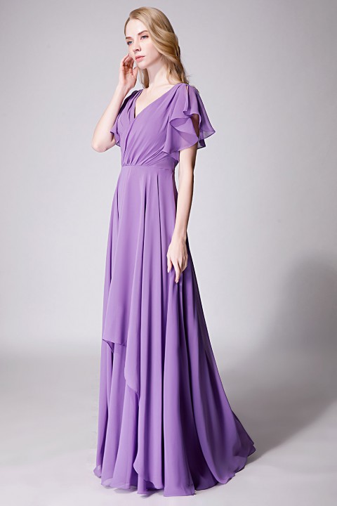 Flutter Sleeve Chiffon Ruched V Back Bridesmaid Dress Long