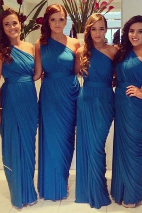 One Shoulder Draped Side Slit Bridesmaid Dress with Belt