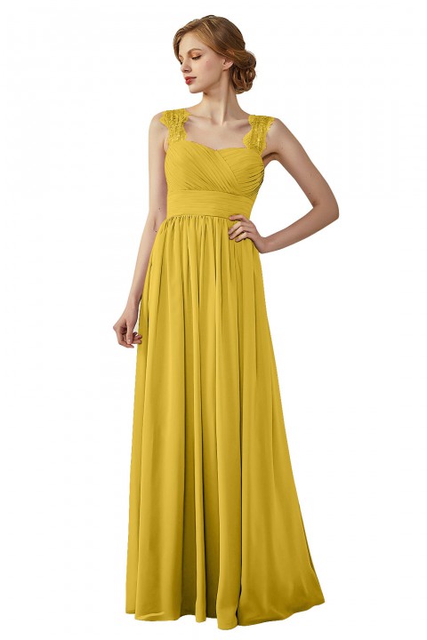 Pleated Long Chiffon Open Back Lace Strap Bridesmaid Dress