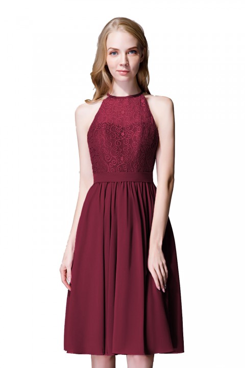 Illusion High Neck Halter Lace Short Bridesmaid Dress with Tie Detail