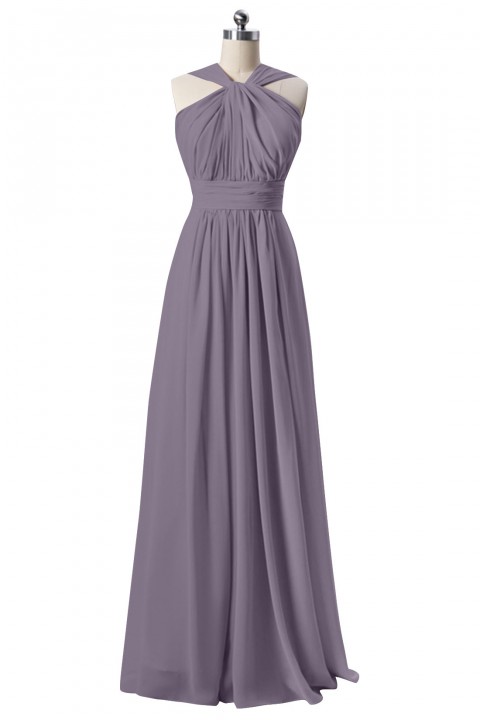 Twisted Halter Neck Pleated Bodice Illusion Back Chiffon Long Bridesmaid Dress