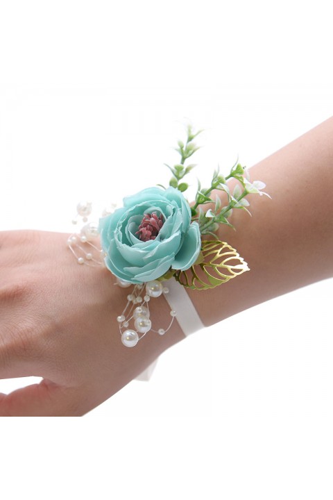 Artificial Flower Leaf Pearl Wrist Corsage