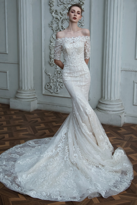 2021 New Style Off Shoulder Sequined Mermaid Lace Wedding Dress With Long Train