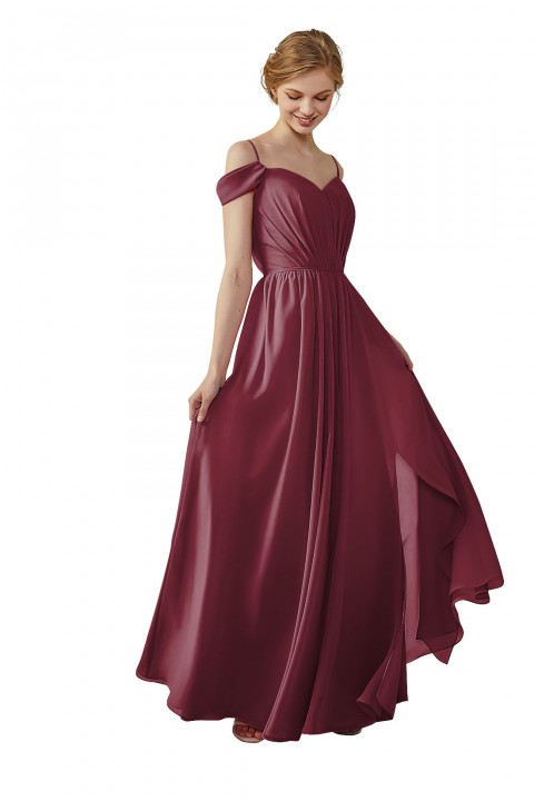 A-Line Cold Shoulder Spaghetti Straps Chiffon Bridesmaid Dress with Side Slit