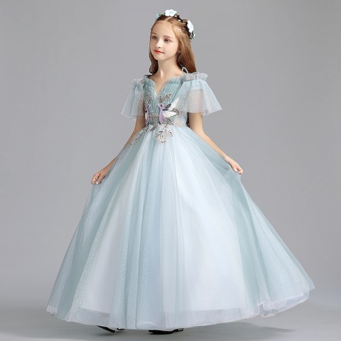Double Bow Straps Sequined Embroidery Decor Tulle Skirt Girls Pageant Dresses