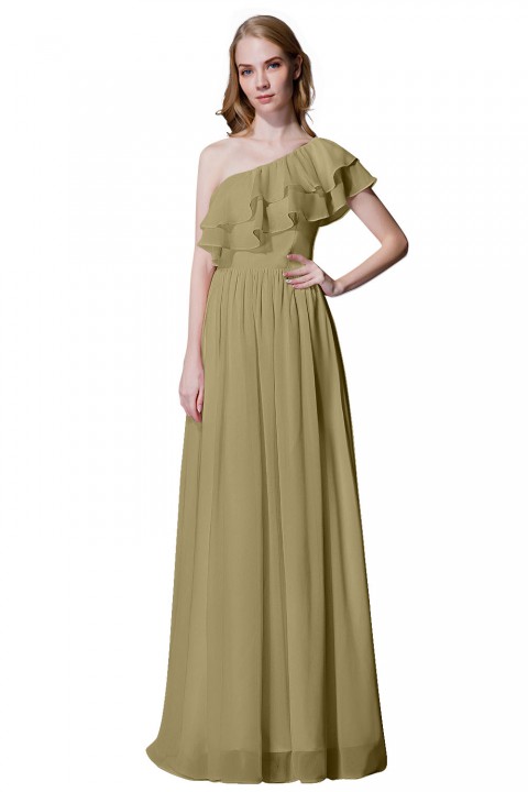 Asymmetrical One-Shoulder Flounce Chiffon Bridesmaid Dress Long