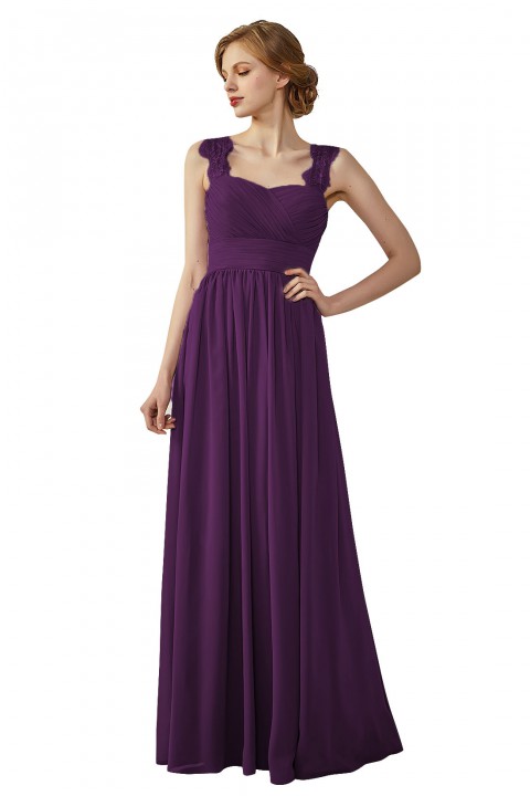 Pleated Long Chiffon Open Back Lace Strap Bridesmaid Dress