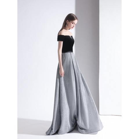 Black Off Shoulder Sleeveles Grey Seqins Skirt Velvet Party Dress