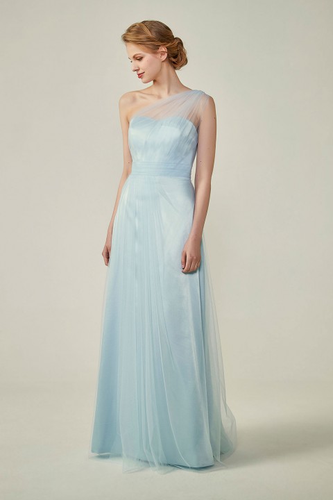 Romantic Illusion One-Shoulder Tulle Open Back Bridesmaid Dress 