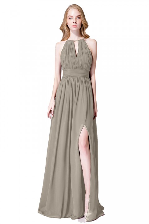 High-Neck with Keyhole Halter Tie Back Chiffon Bridesmaid Dress 