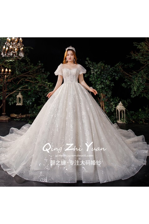 Plus Size 2021 New Puff Sleeves Sequins Decor Tulle Wedding Dress With Long Train