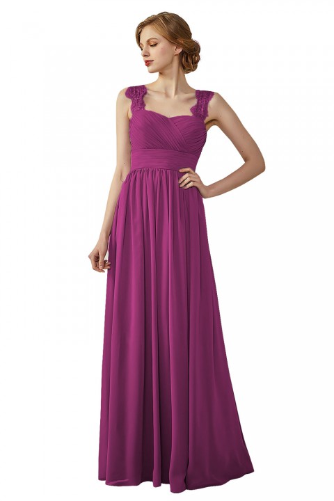 Pleated Long Chiffon Open Back Lace Strap Bridesmaid Dress