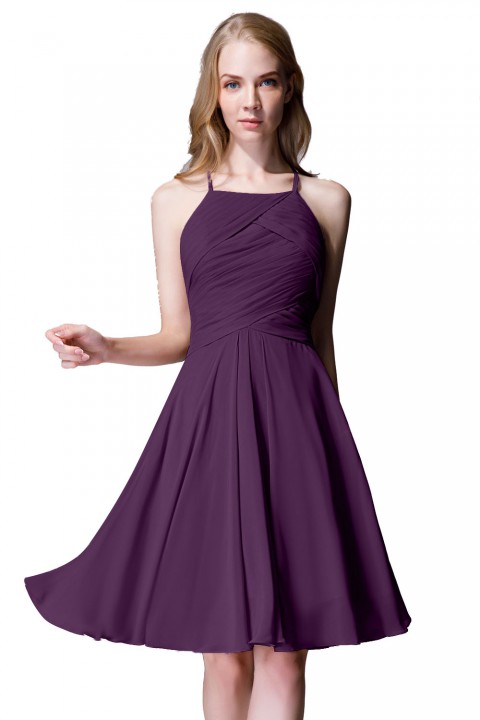 Elegant Halter Tea Length Pleated Chiffon Bridesmaid Dress with Tie Back