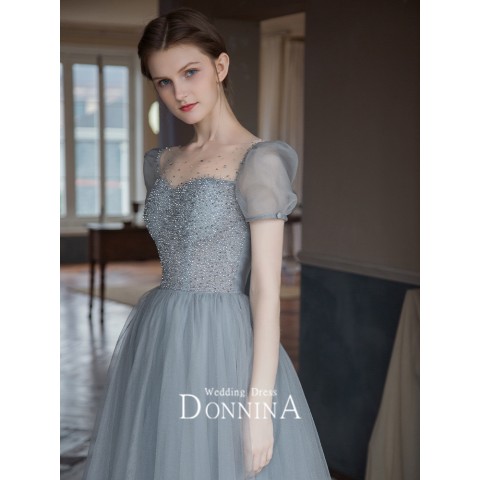 Bit of Blue Sweetheart Neck Puff Sleeves Beaded Tulle Party Dress