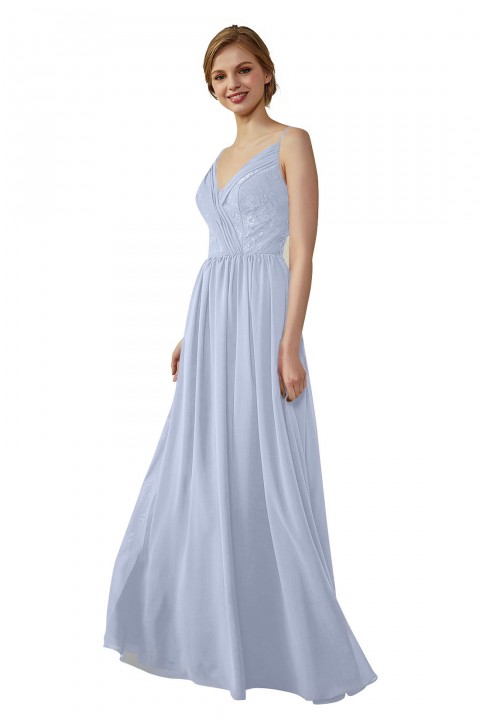 Double Spaghetti Straps Draped Lace Open-back Chiffon Bridesmaid Dress