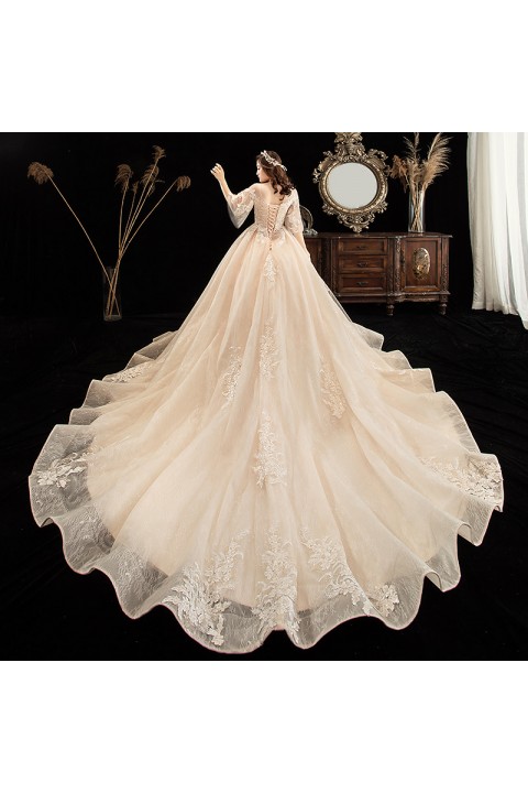 Plus Size 2021 Round Neck Deep V Tulle Sleeves Beaded Embroidered Flower Tulle Wedding Dress With Long Train