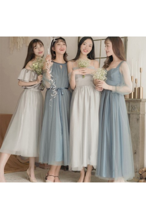 Crystal Blue Square Sweetheart Neck Long Tulle Sleeves High Waist Luxe Satin Bridesmaid Dress