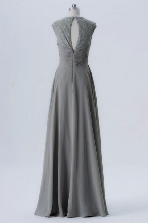 Twist Front Pleated Bodice Lace Cap Sleeve Bridesmaid Dress with Keyhole Back