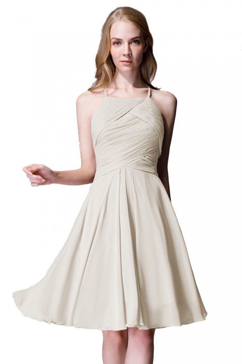 Elegant Halter Tea Length Pleated Chiffon Bridesmaid Dress with Tie Back