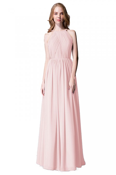 Pleated A-Line Halter Spaghetti-Straps Back Chiffon Bridesmaid Dress