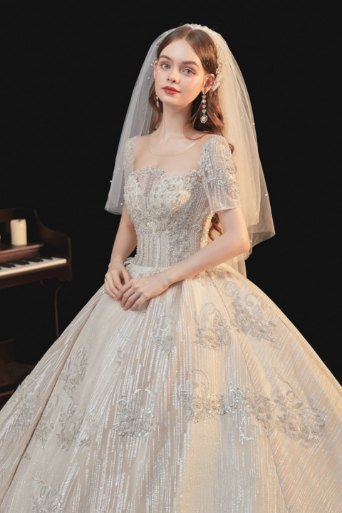 2021 New Short Sleeves Beaded Decor Backless Tulle Wedding Dress With Long Train