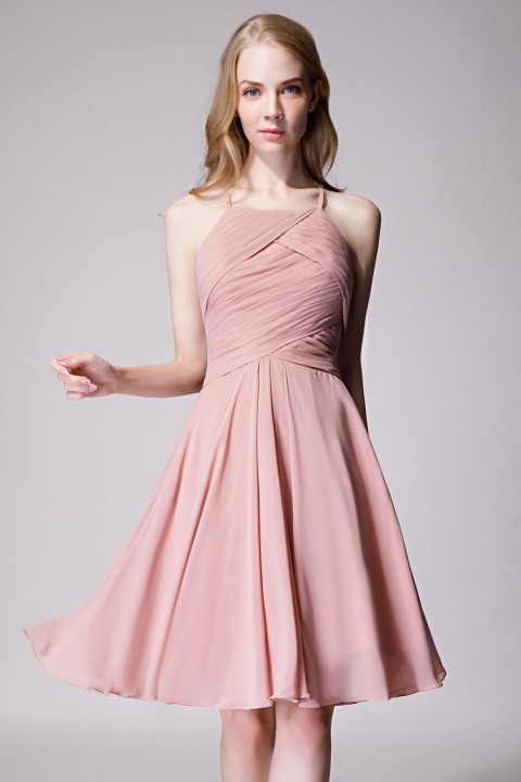 Elegant Halter Tea Length Pleated Chiffon Bridesmaid Dress with Tie Back