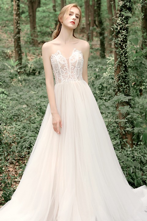 Strapless Lace Bodice Tulle Skirt A Line Wedding Dress